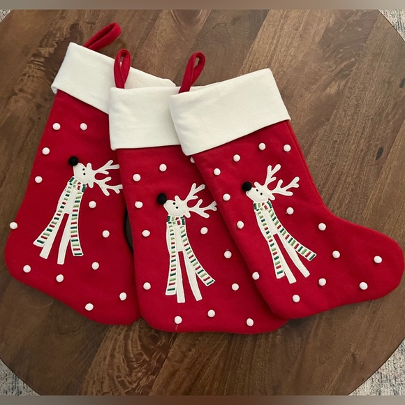 Crate&Barrel Reindeer Red and White Holiday Wool Blend Stockings Set of 3